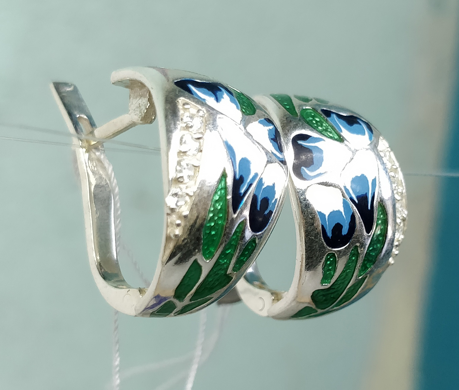 Unique handmade silver earrings with zircon and enamel